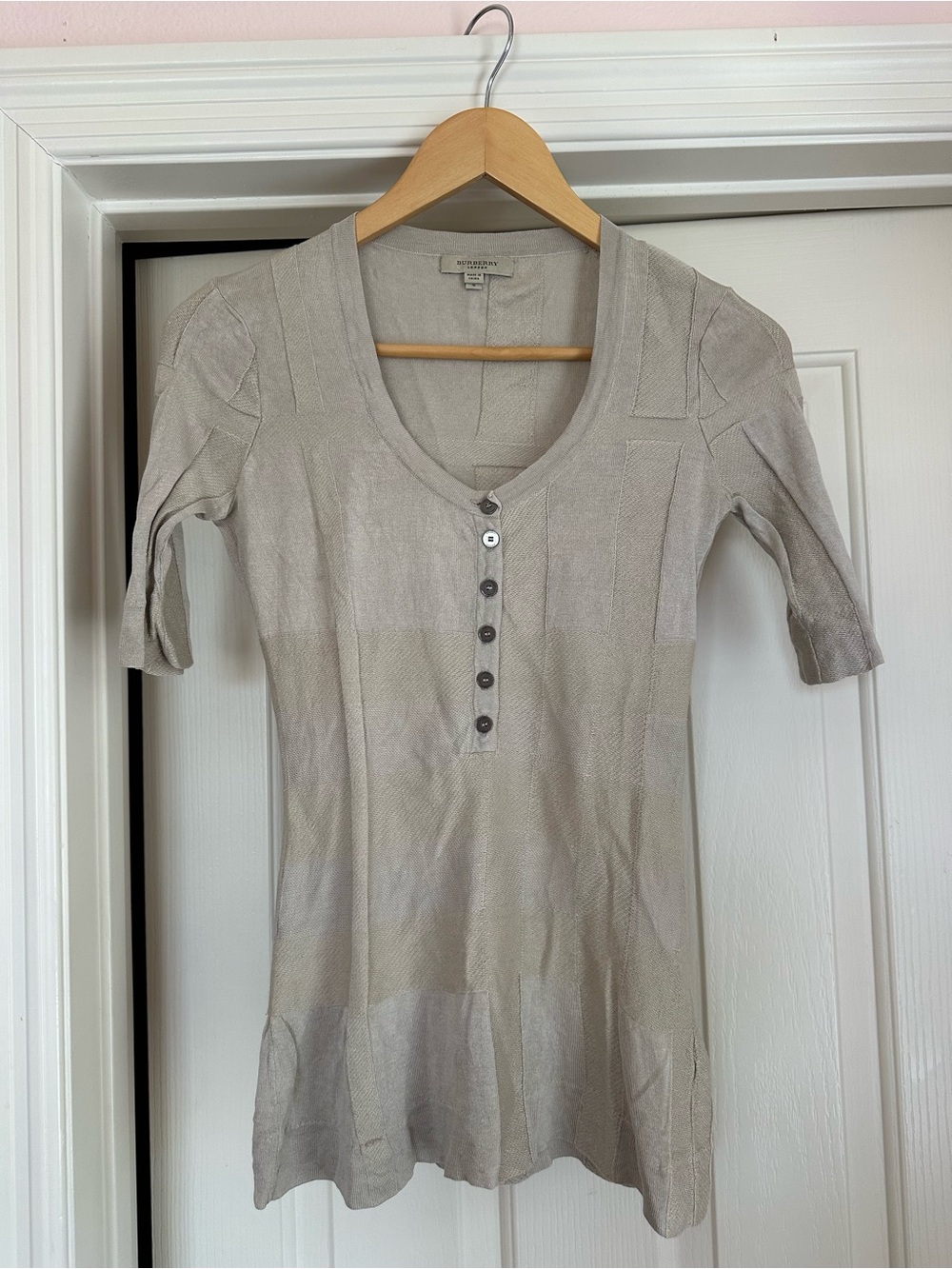 Burberry Light Beige Short Sleeve Scoop Neck Button-Front Top